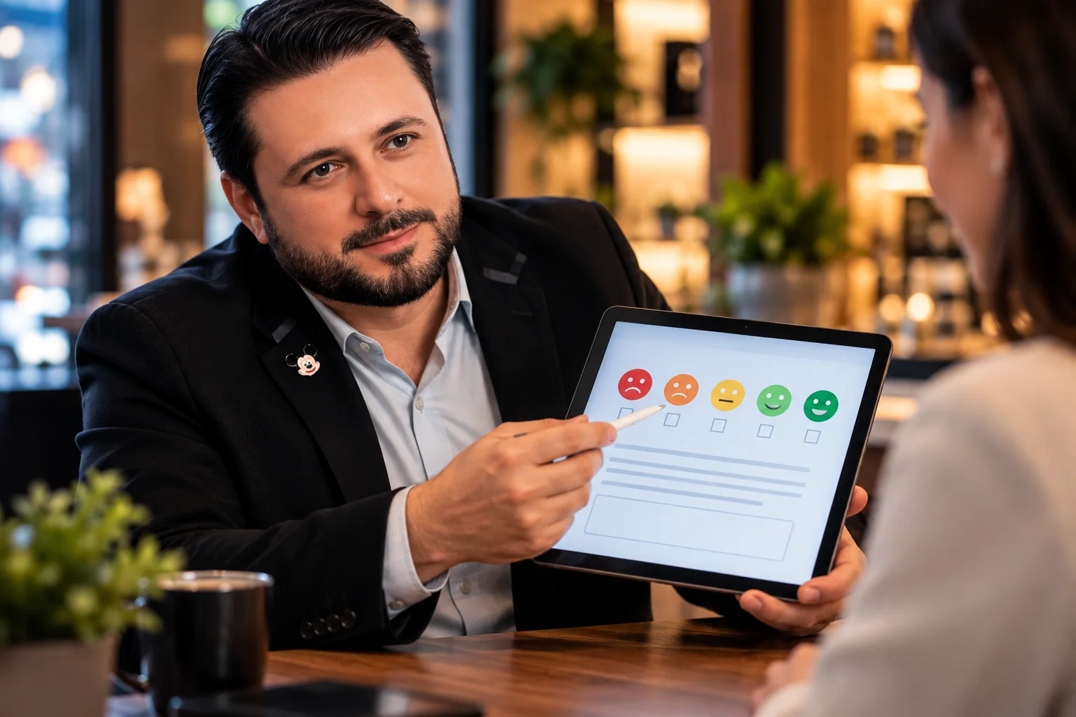 Daniel Donato apresentando uma pesquisa de satisfação em um tablet para uma cliente