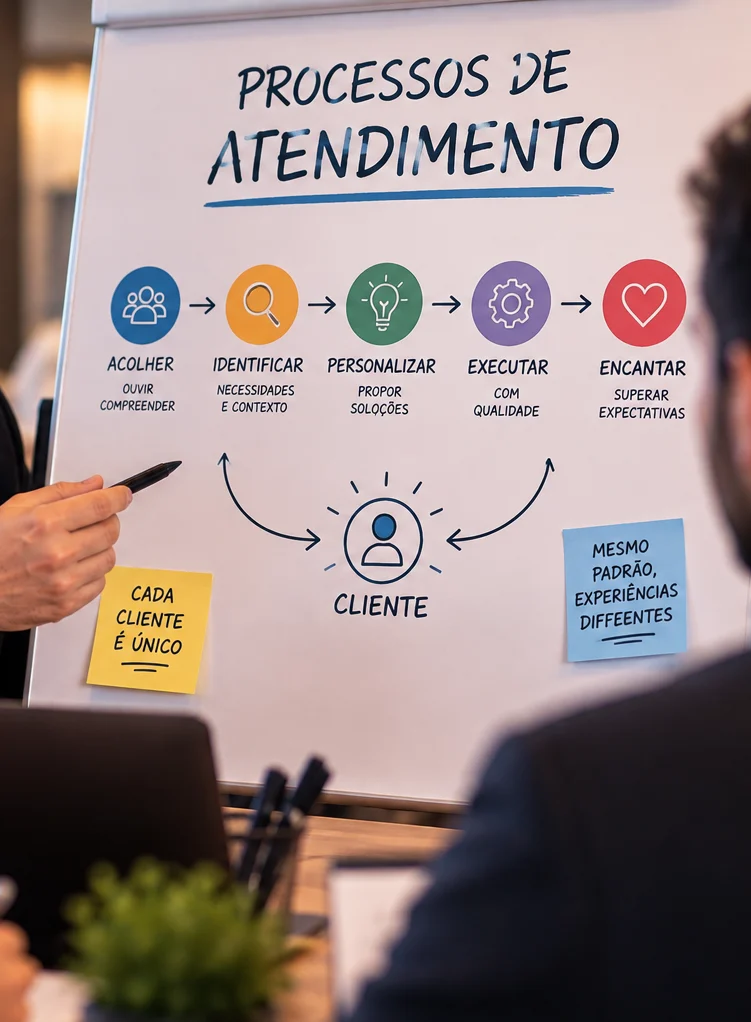 Quadro com as etapas do processo de atendimento: acolher, identificar, personalizar, executar e encantar, com o cliente no centro